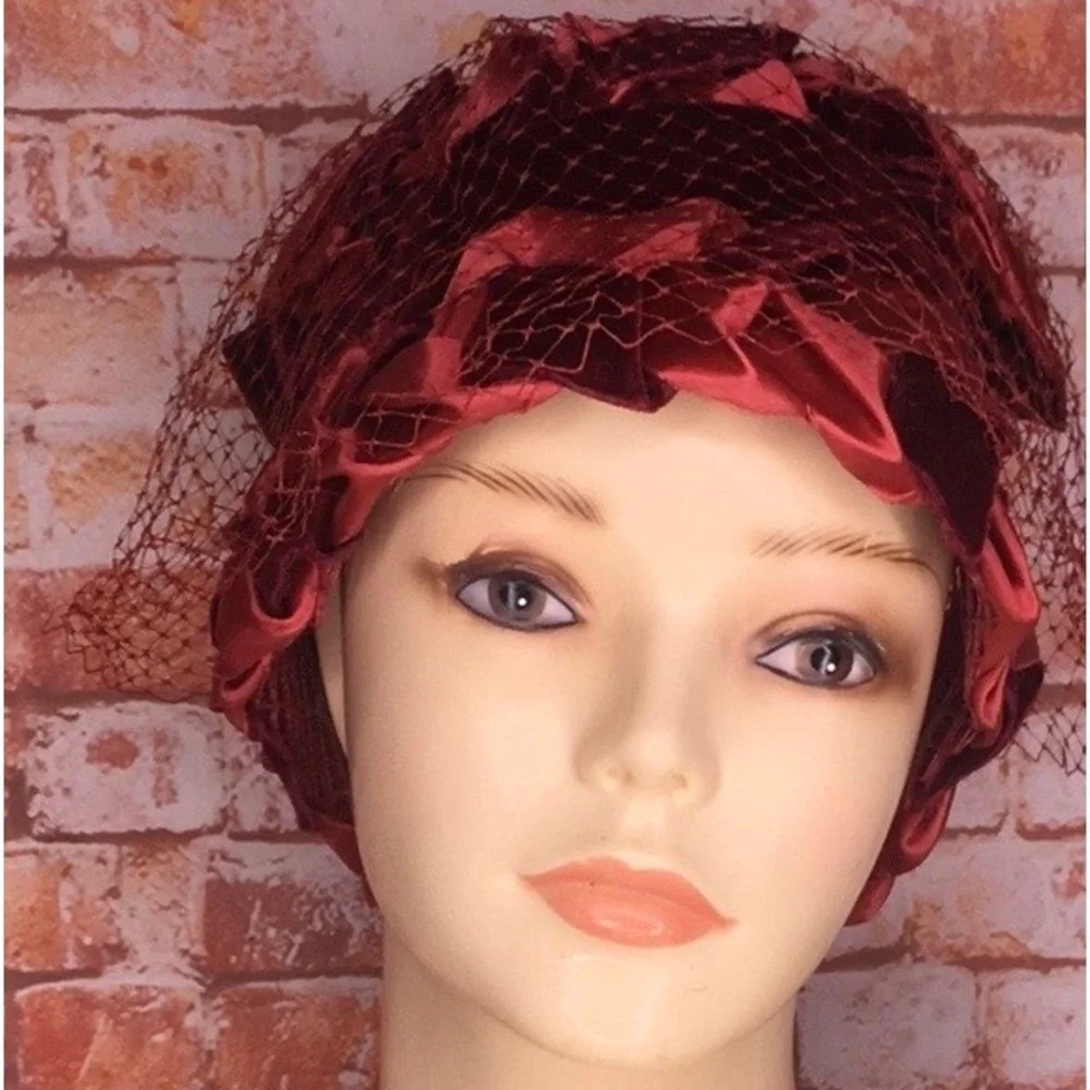 Vintage MCM Burgundy Red Satin and Velvet Veiled Bucket Hat